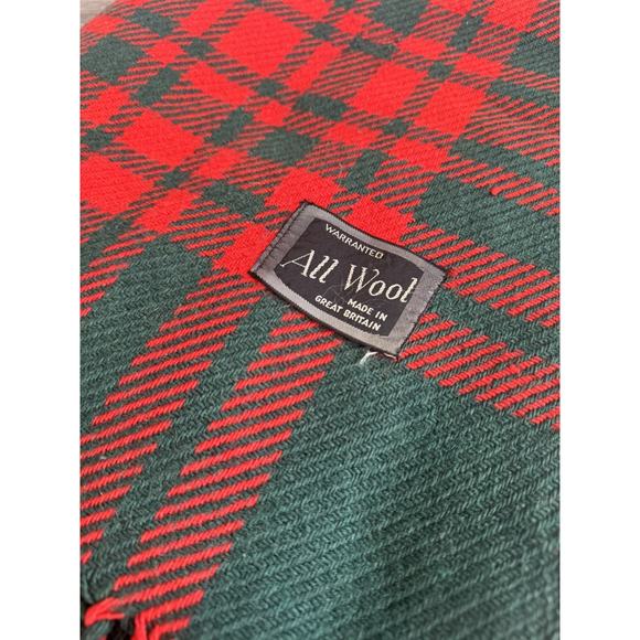 Vintage “All Wool” Blanket Tartan Plaid Stadium Fringed Made Britain Red Green - Picture 2 of 11